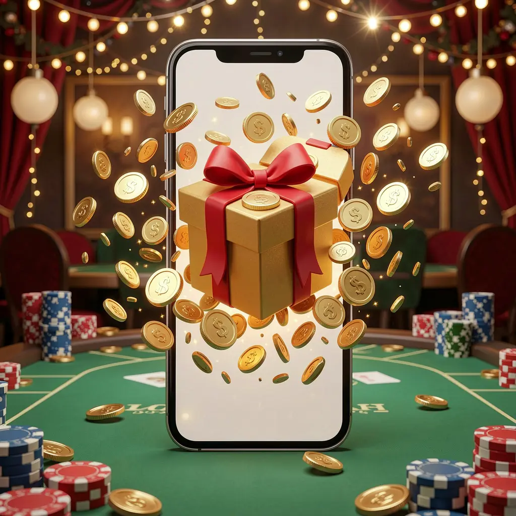 K7BTD mobile casino bonus app concept showing a phone screen with a gift box and coins bursting out in a festive casino atmosphere K7BTD mobile casino bonus app concept showing a phone screen with a gift box and coins bursting out in a festive casino atmosphere
