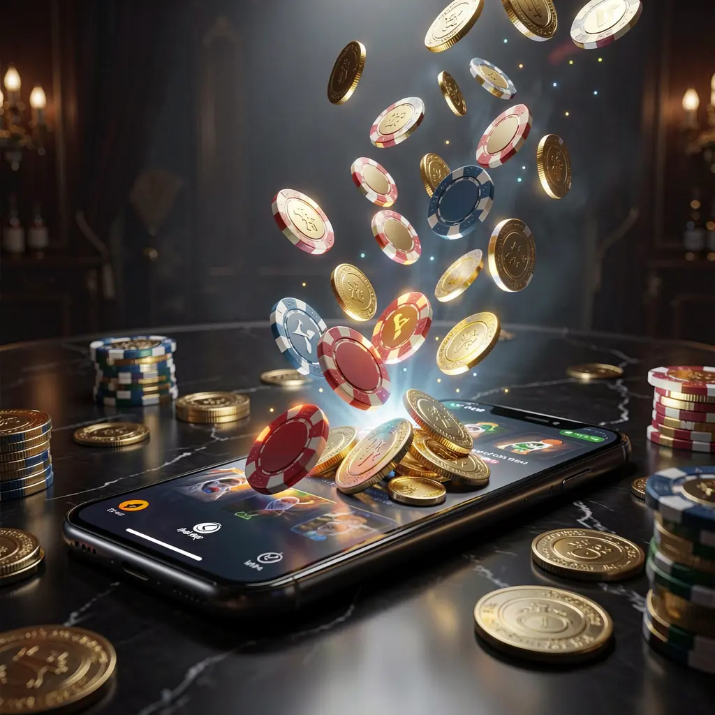 K7BTD online gaming app displayed on a smartphone screen glowing with casino chips and coins emerging against a luxury dark background with cinematic lighting K7BTD online gaming app displayed on a smartphone screen glowing with casino chips and coins emerging against a luxury dark background with cinematic lighting