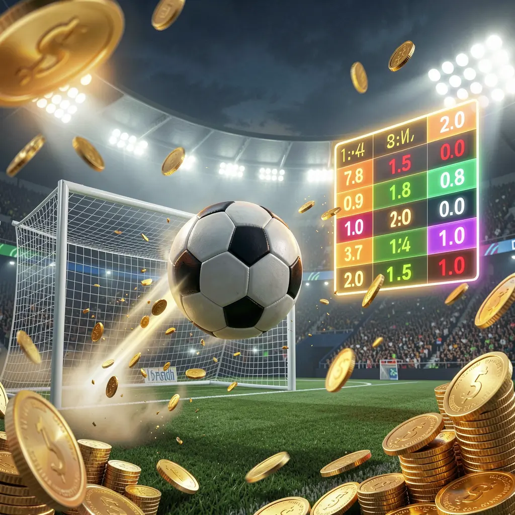 K7BTD premium match betting visual showing a soccer ball flying toward the goal in a stadium with floodlights, glowing odds interface, and golden coins creating a dynamic sports betting atmosphere K7BTD premium match betting visual showing a soccer ball flying toward the goal in a stadium with floodlights, glowing odds interface, and golden coins creating a dynamic sports betting atmosphere