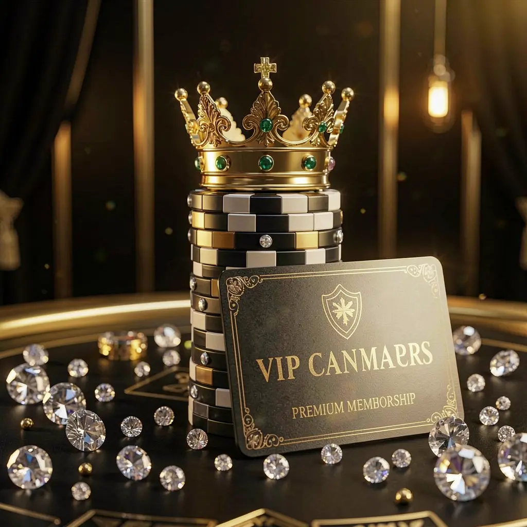 Elegant golden crown atop poker chips with sparkling diamonds and a premium membership card against a luxury black and gold background, showcasing K7BTD's exclusive high-end casino VIP rewards in a soft golden glow Elegant golden crown atop poker chips with sparkling diamonds and a premium membership card against a luxury black and gold background, showcasing K7BTD's exclusive high-end casino VIP rewards in a soft golden glow