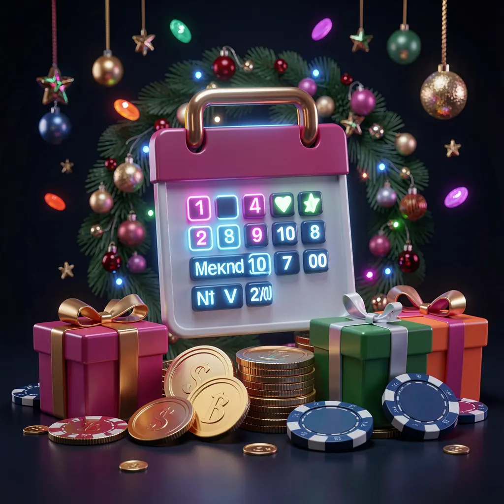 K7BTD weekly casino bonus concept featuring a calendar icon surrounded by gift boxes, coins, and chips on a festive dark background with neon glow in premium 3D style K7BTD weekly casino bonus concept featuring a calendar icon surrounded by gift boxes, coins, and chips on a festive dark background with neon glow in premium 3D style