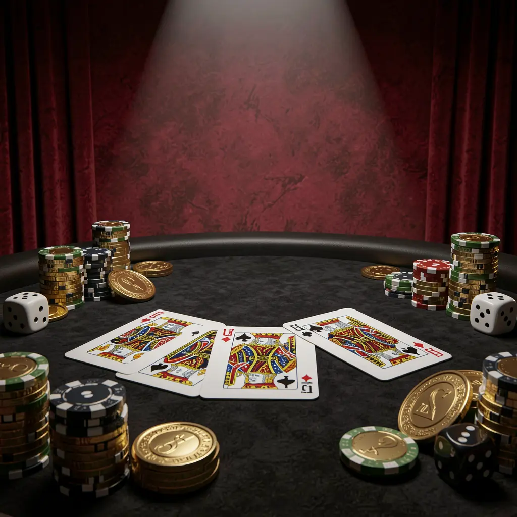 K7BTD casino table featuring a royal flush hand, colorful poker chips, golden coins, and dice on a luxury black and red background with dramatic spotlight, realistic 3D render K7BTD casino table featuring a royal flush hand, colorful poker chips, golden coins, and dice on a luxury black and red background with dramatic spotlight, realistic 3D render