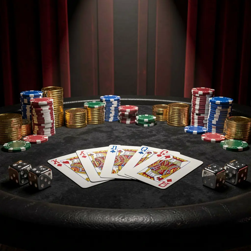 K7BTD casino table featuring a royal flush hand, poker chips, golden coins, and dice against a luxury black and red background with dramatic spotlight in a realistic 3D render K7BTD casino table featuring a royal flush hand, poker chips, golden coins, and dice against a luxury black and red background with dramatic spotlight in a realistic 3D render