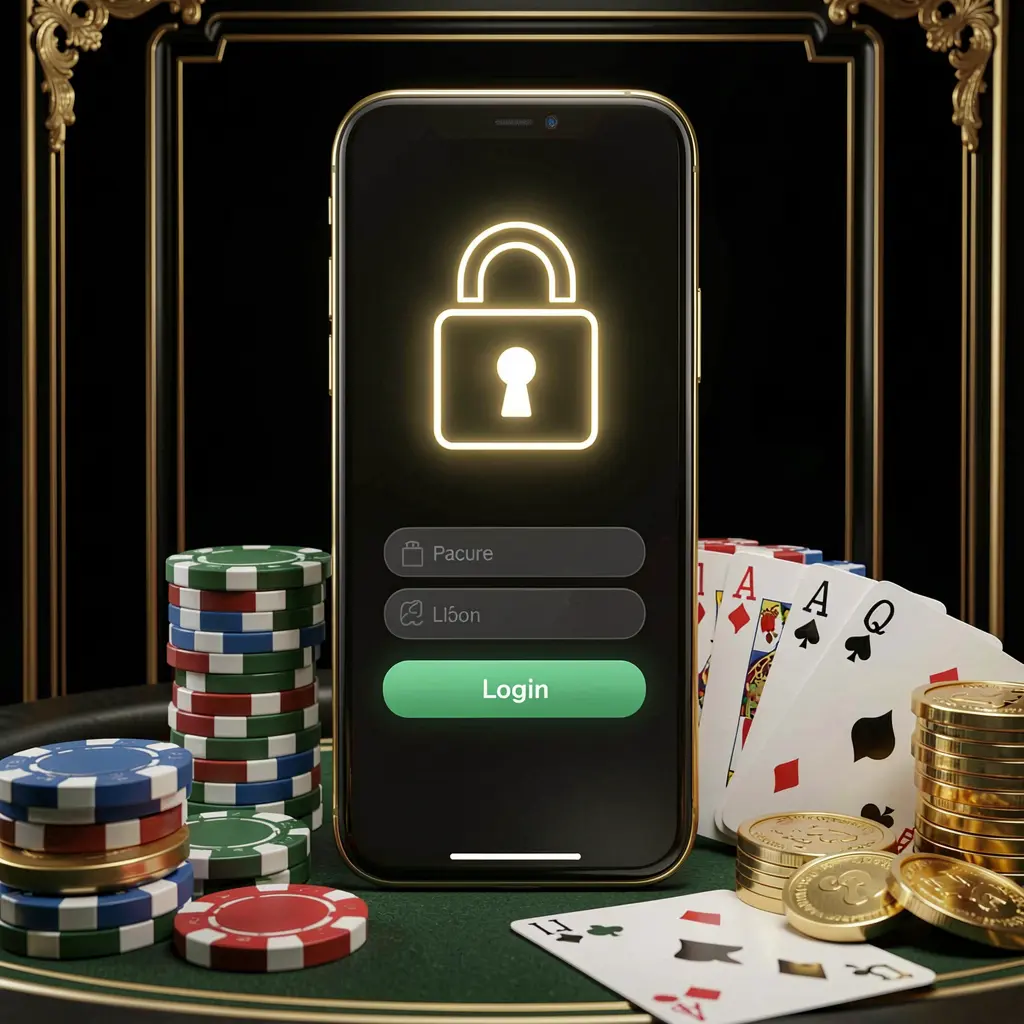 K7BTD secure casino account login concept showing a glowing lock icon on a smartphone screen with poker chips, playing cards, and golden coins on an elegant black and gold background in a realistic 3D render K7BTD secure casino account login concept showing a glowing lock icon on a smartphone screen with poker chips, playing cards, and golden coins on an elegant black and gold background in a realistic 3D render