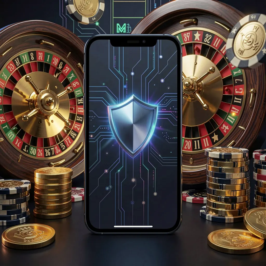 K7BTD secure mobile casino access showing a phone screen with a shield icon, roulette wheel, poker chips, and golden coins in a dark cyber luxury atmosphere K7BTD secure mobile casino access showing a phone screen with a shield icon, roulette wheel, poker chips, and golden coins in a dark cyber luxury atmosphere