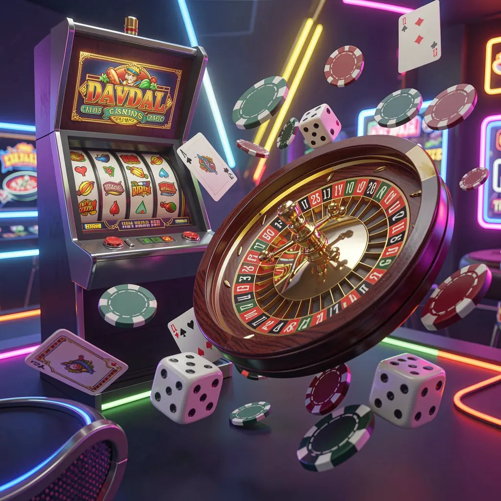 K7BTD casino games collection homepage visual featuring a slot machine, roulette wheel, dice, playing cards, and poker chips floating together with colorful neon lights in a premium 3D render